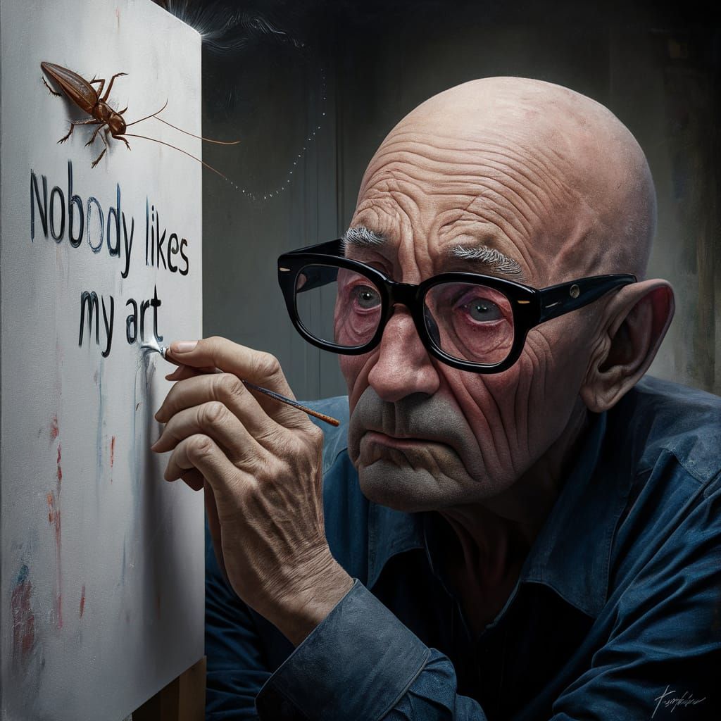 Elderly Man Painting in Melancholic Hyperrealism