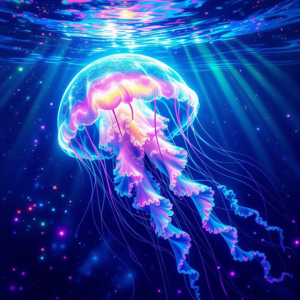 Bioluminescent Jellyfish in Psychedelic Ocean