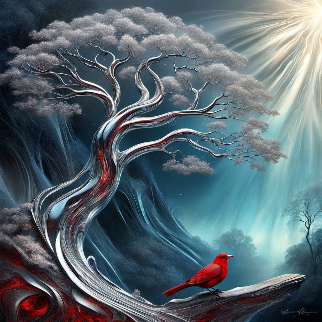 Reflective Chrome Fractal Tree at Edge of Reality