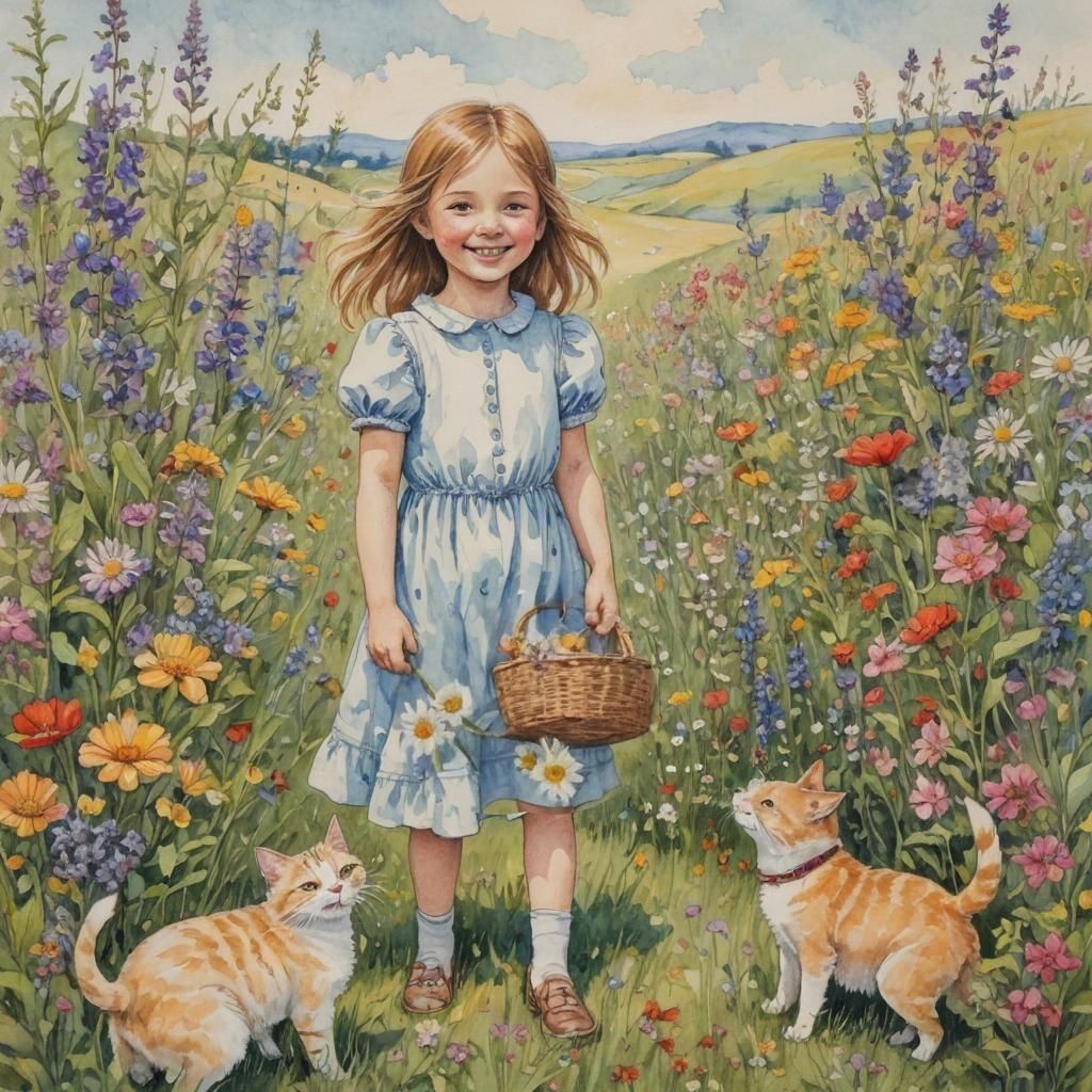 Girl, Cat and Dog in Wildflower Field: Fantasy Illustration