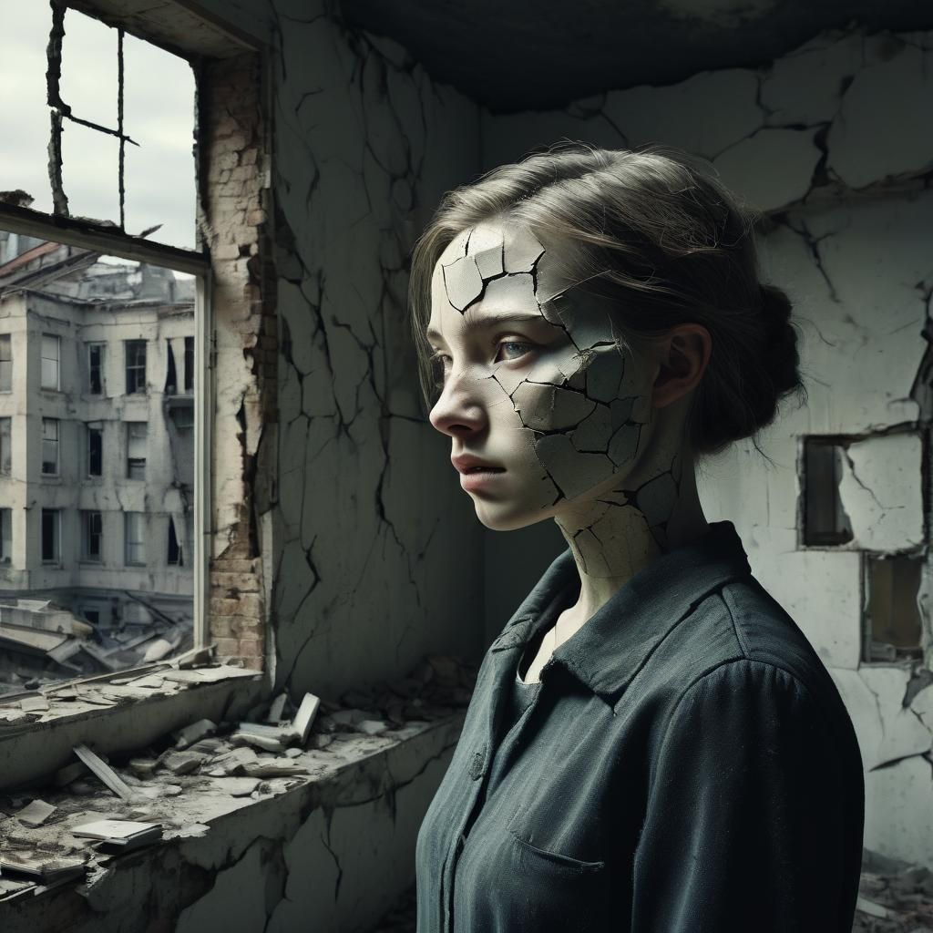 Surreal Portrait: Woman as Crumbling Building in Dystopian L...
