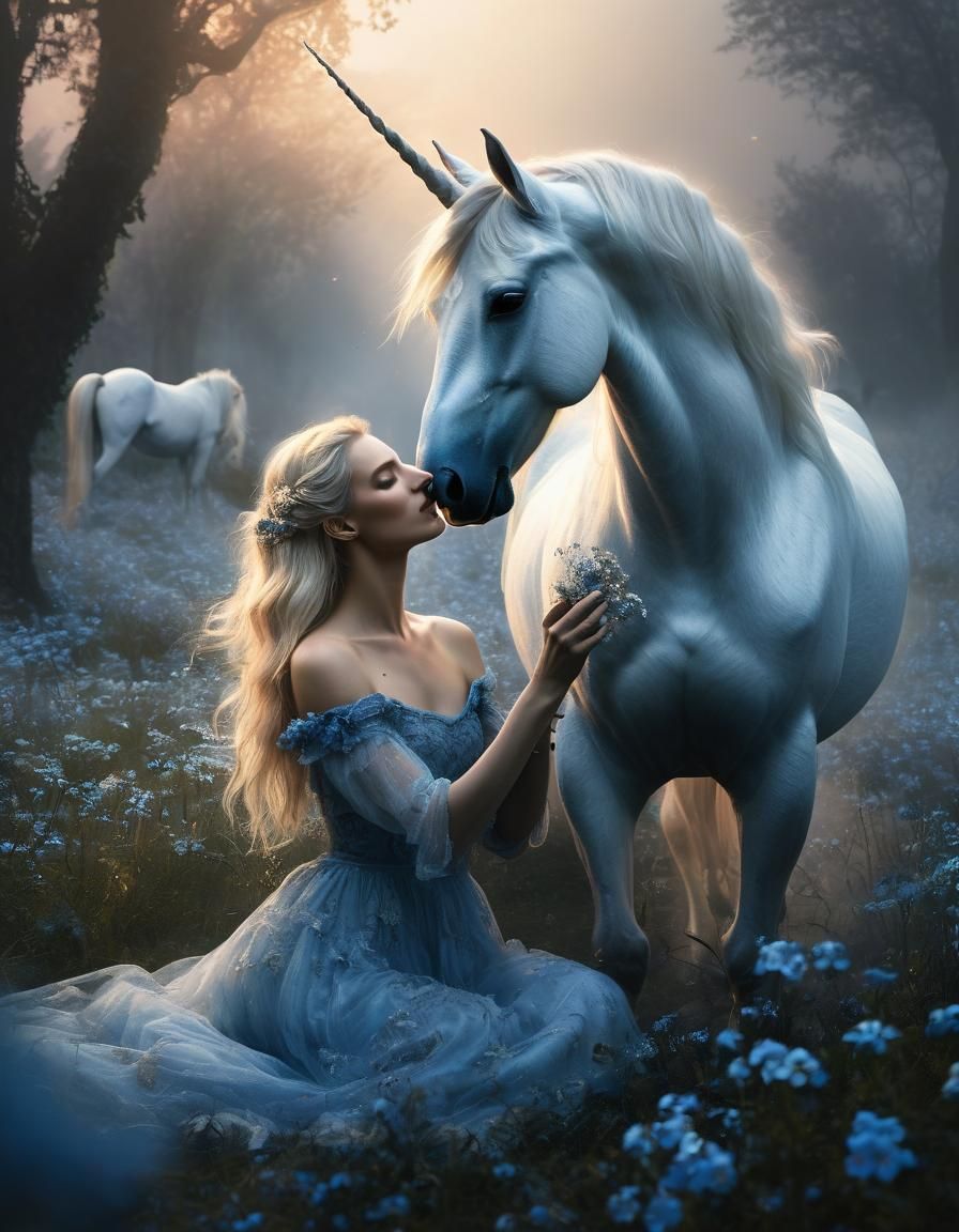 Blonde Woman and Unicorn in Floral Fantasy