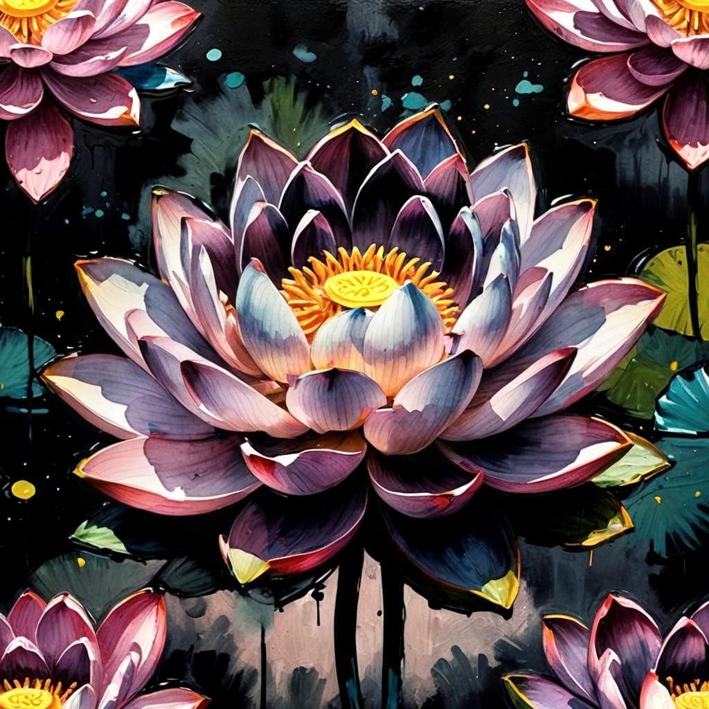 Black Lotus Flower in Gouache Watercolor Style