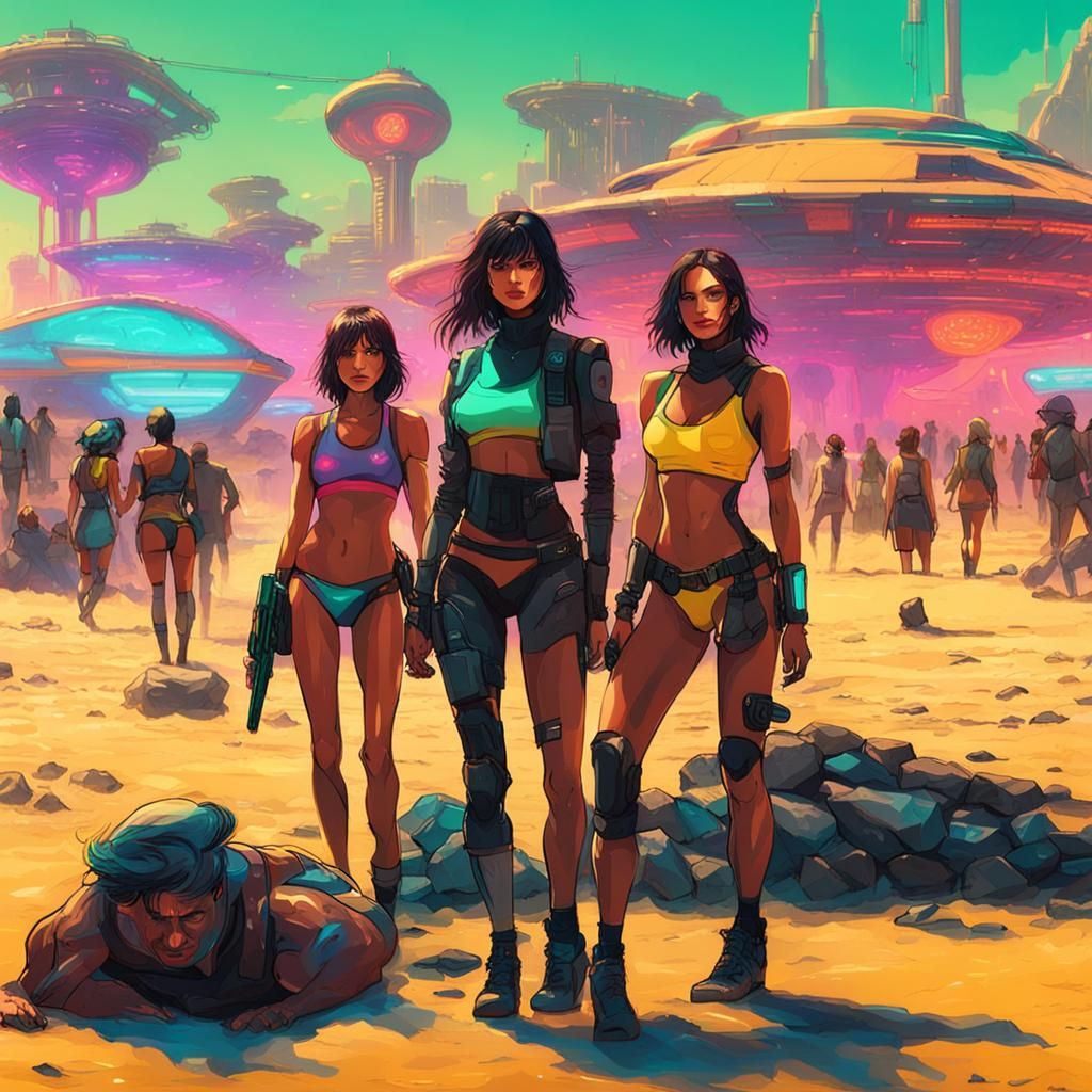 Cyberpunk Beach Scene with Women in Bikinis