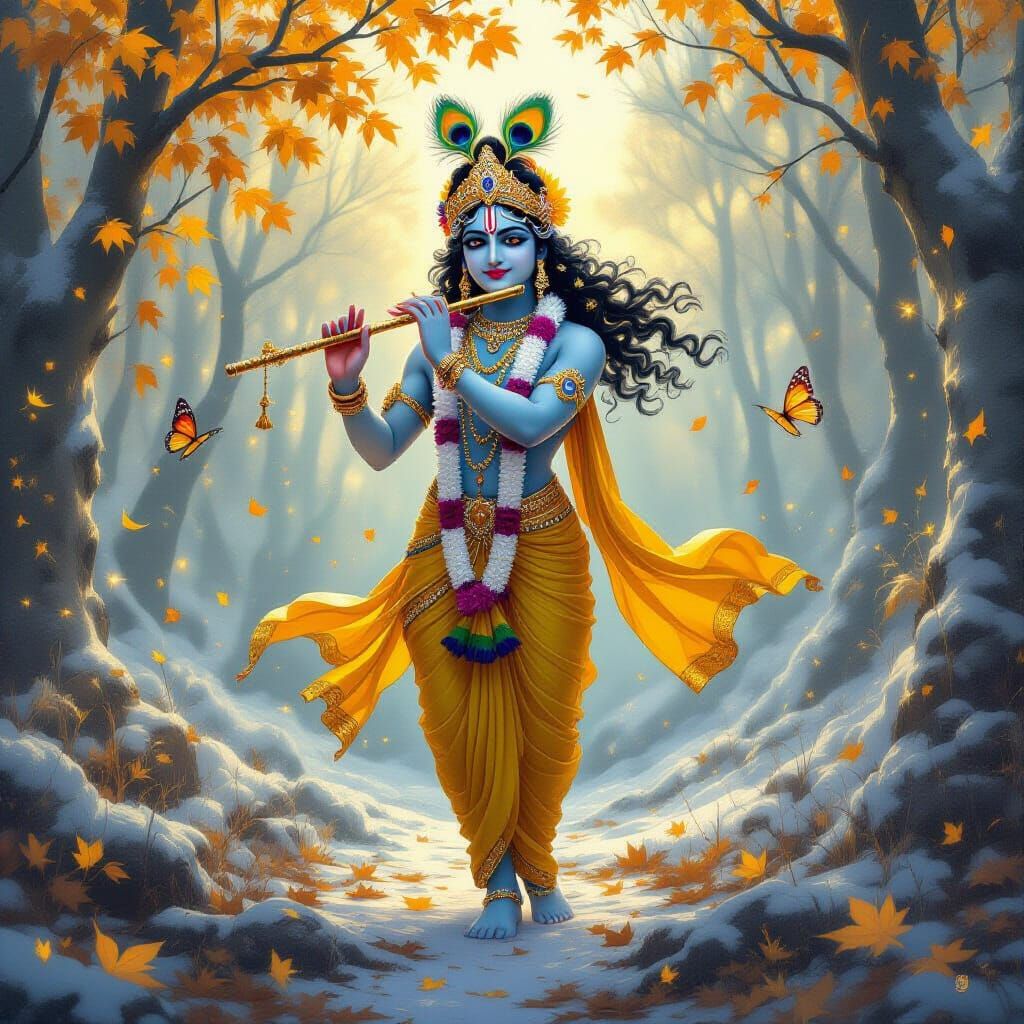 Lord Krishna in Mystical Frozen Autumn Forest