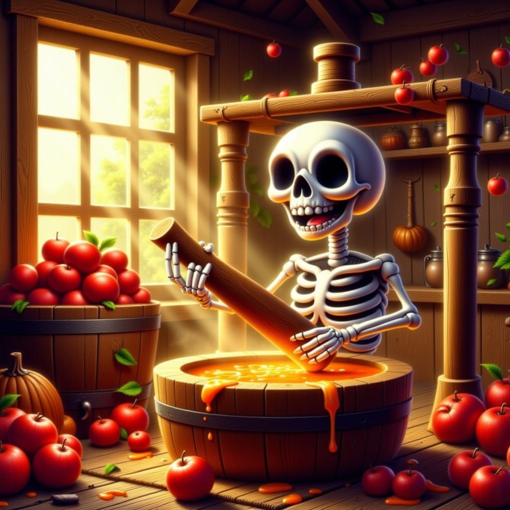Cute Skeleton Makes Apple Cider in Rustic Barn