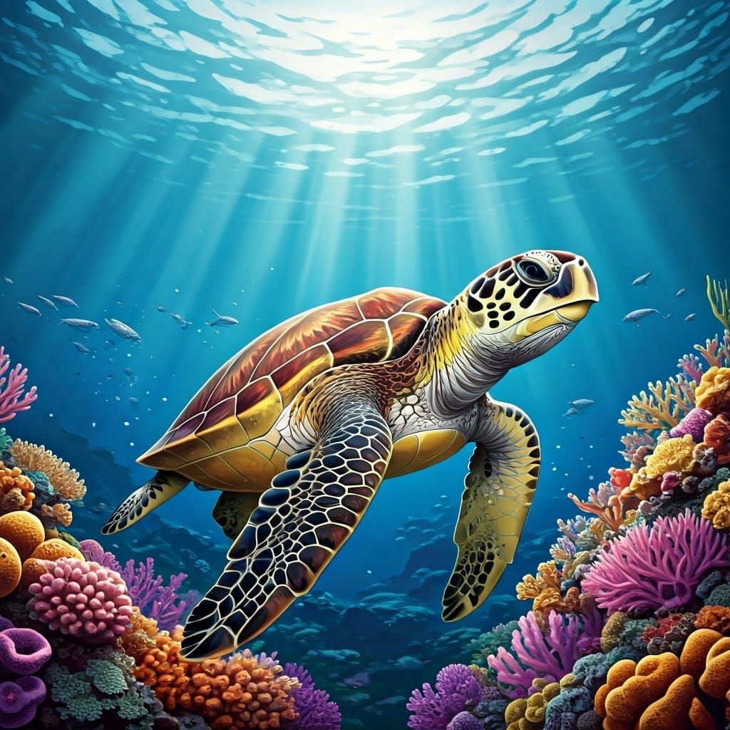 Turtle in Coral Reef: Realistic Digital Illustration
