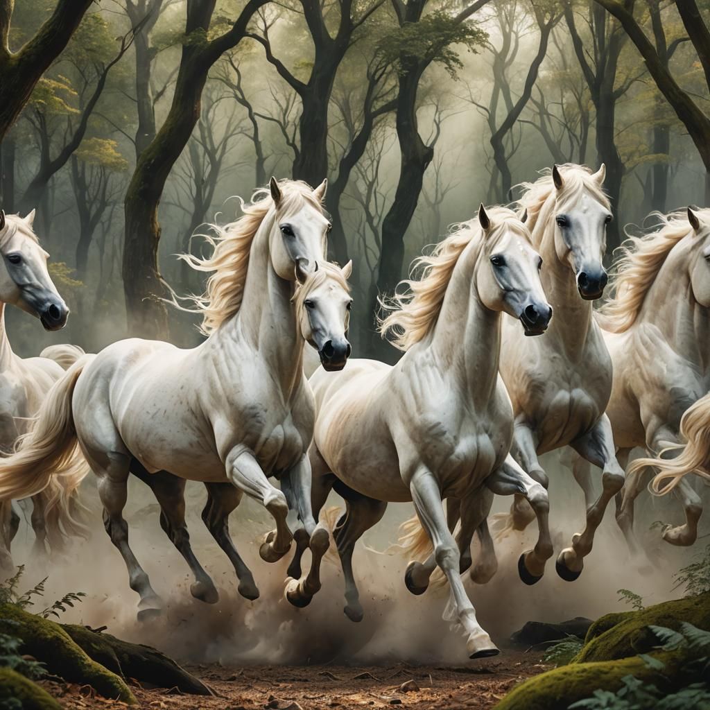 Cream Horses Galloping in Mystical Forest: Digital Painting