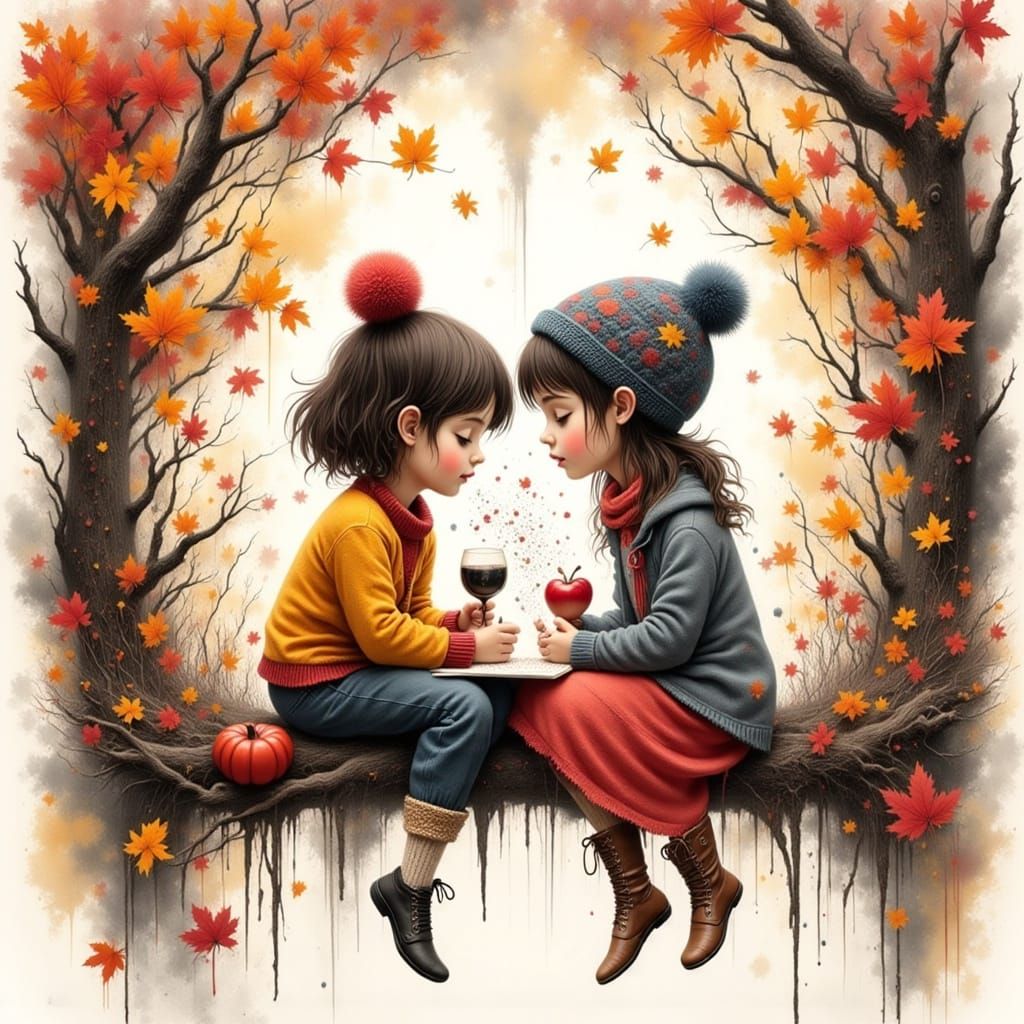 Girls Doing Homework in Watercolor Autumn Scene