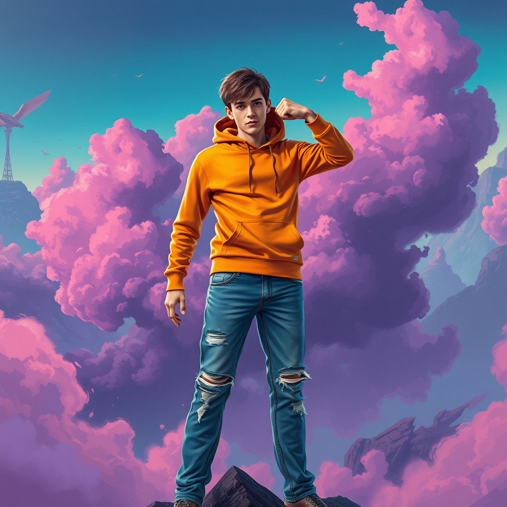 Young Hero in Vibrant Orange, Dreamlike Futuristic Landscape