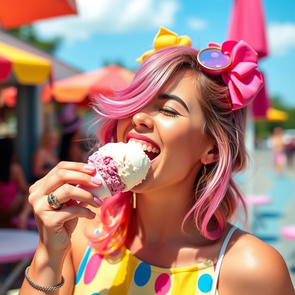Woman Enjoys Ice Cream with Whimsical Aesthetics