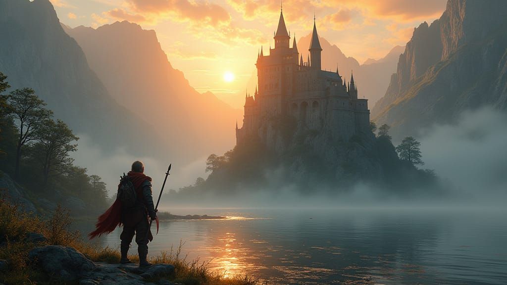 Majestic Castle Ablaze at Sunset