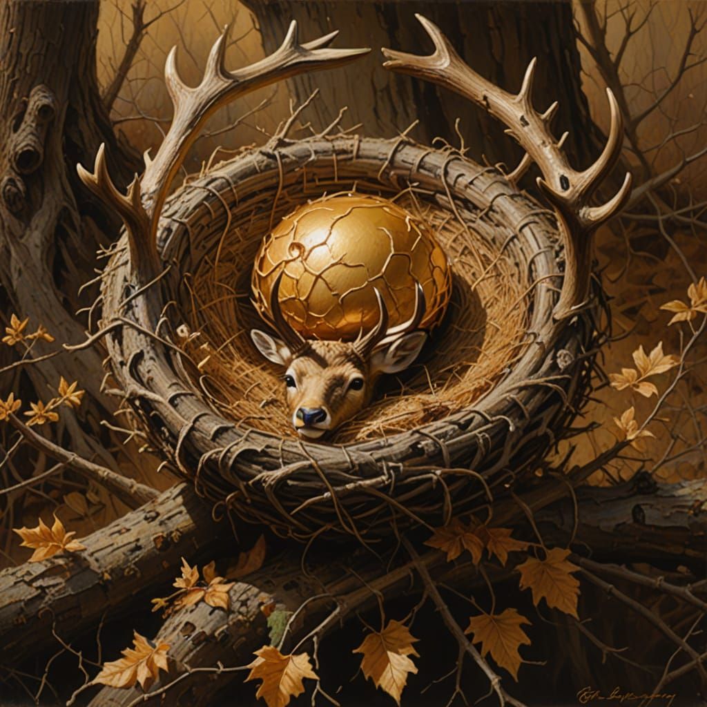 Stag Antler in Golden Nest Oil Painting