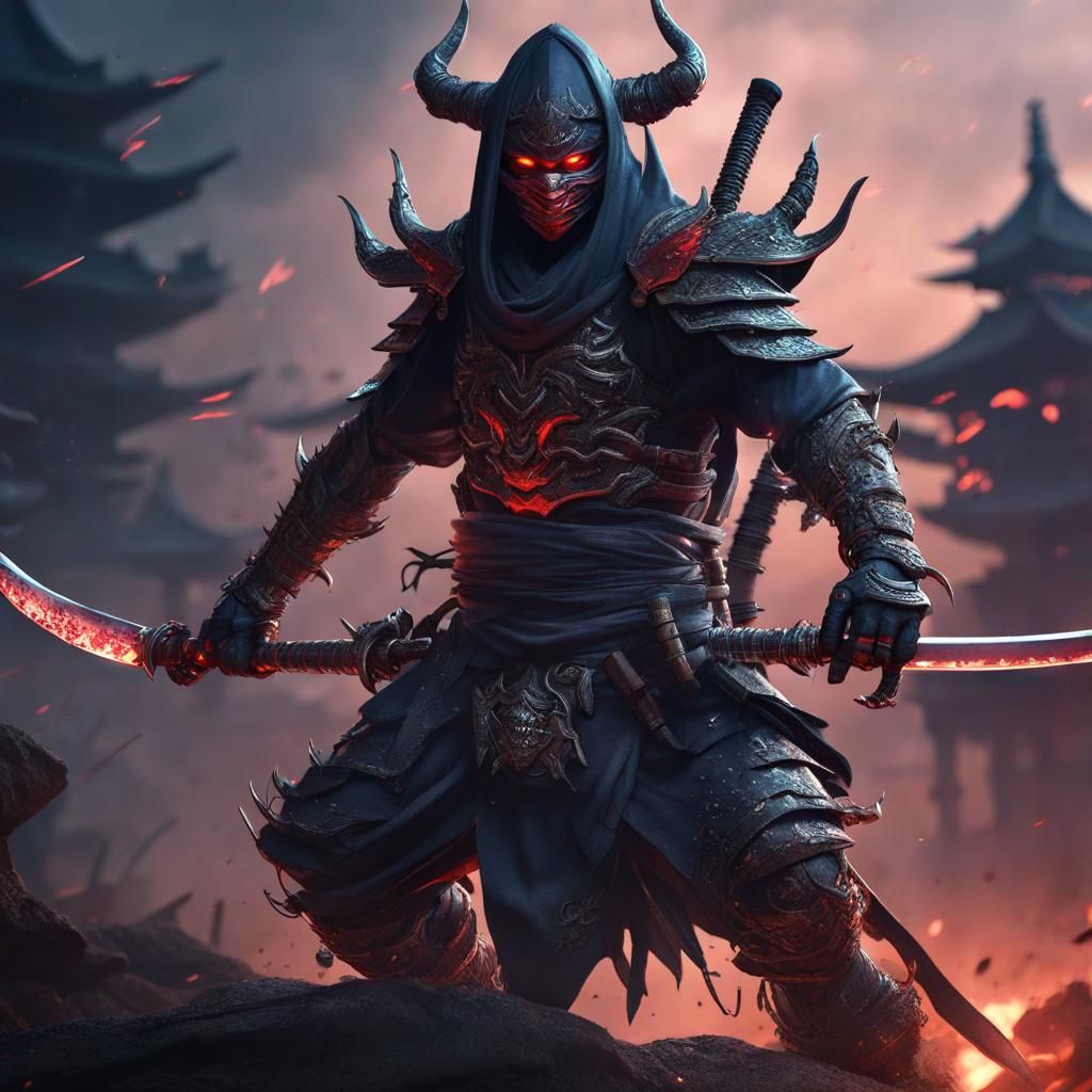 Armored Demon War God with Ninja Weapons