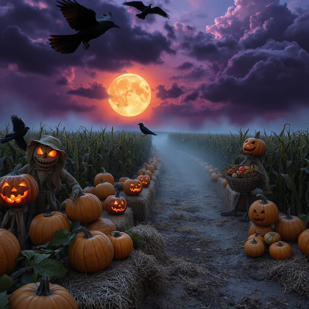 Twilight Autumn Harvest Scene with Pumpkin Patch and Corn Ma...
