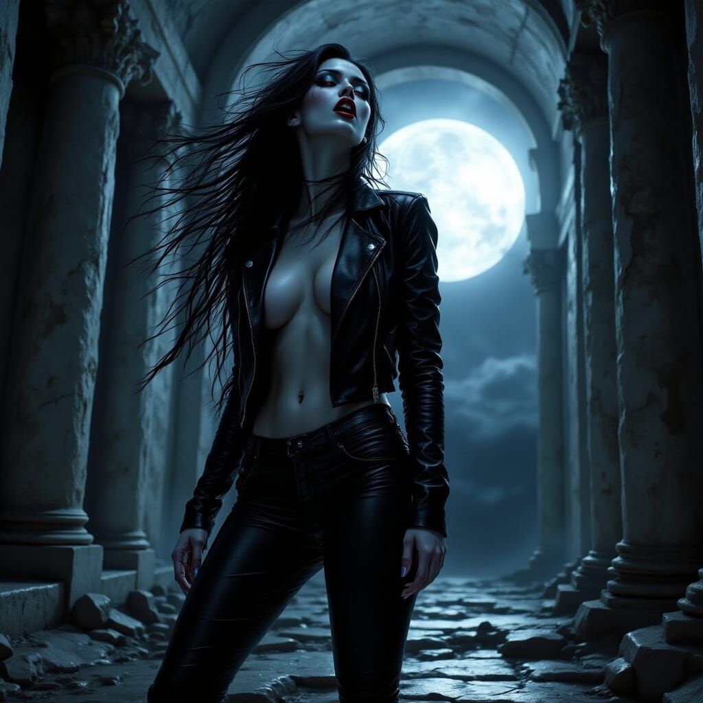 Goddess Nyx in Leather, Moonlit Temple