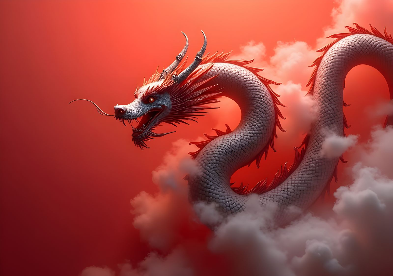 Majestic Dragon on Red Background, Fantasy Art