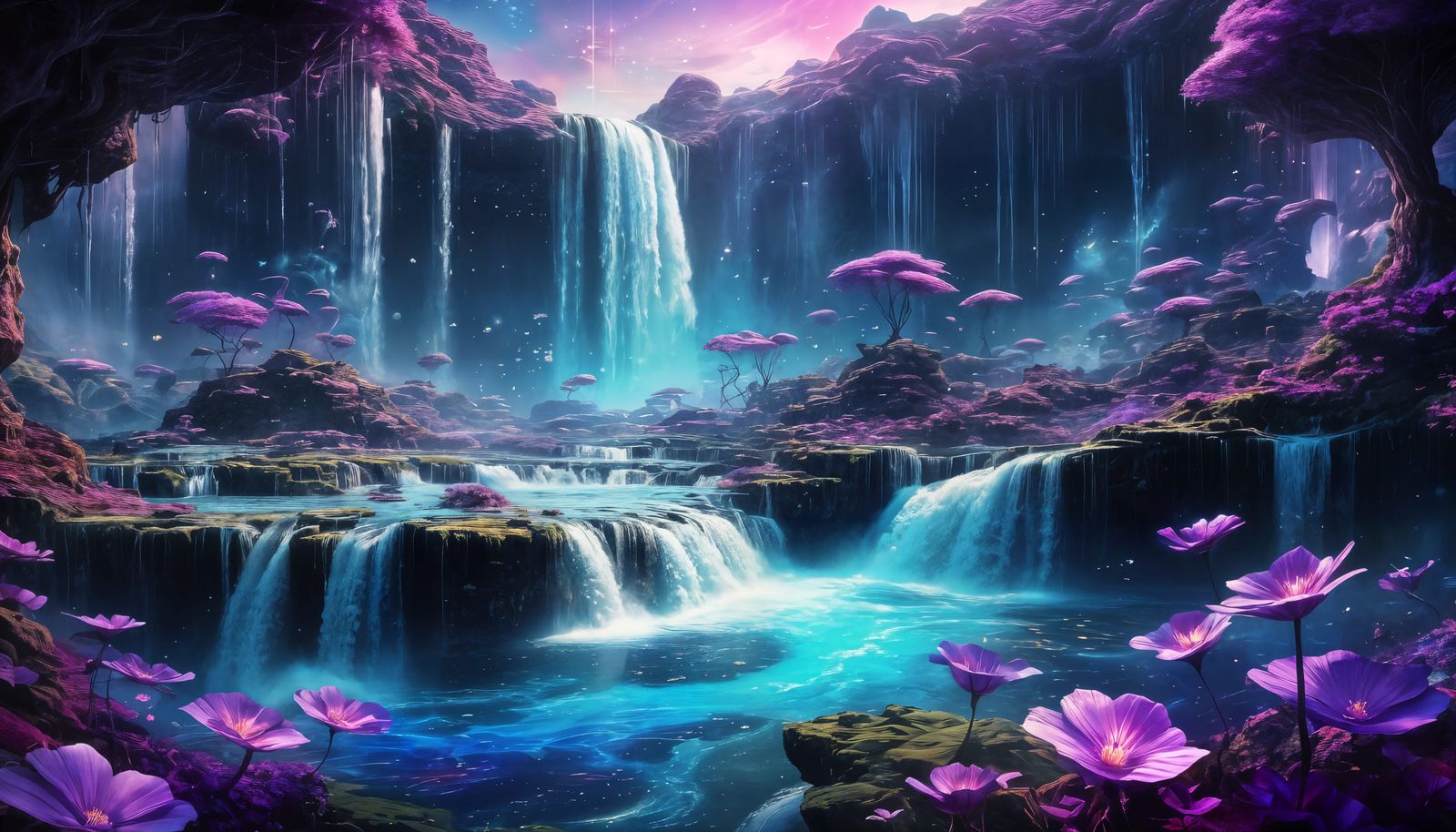 Dreamy Landscape with Floating Islands and Waterfalls