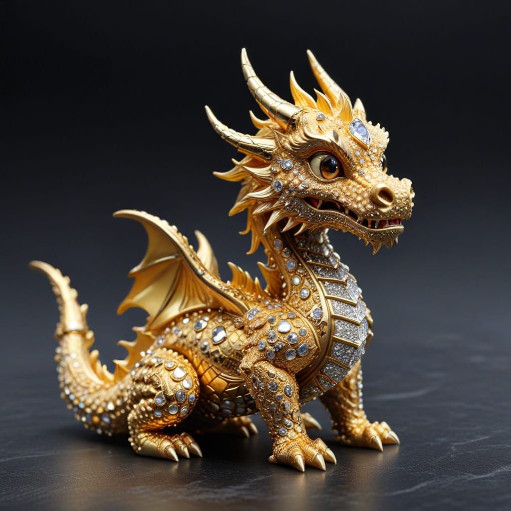 Kawaii Golden Dragon Studded with Diamonds