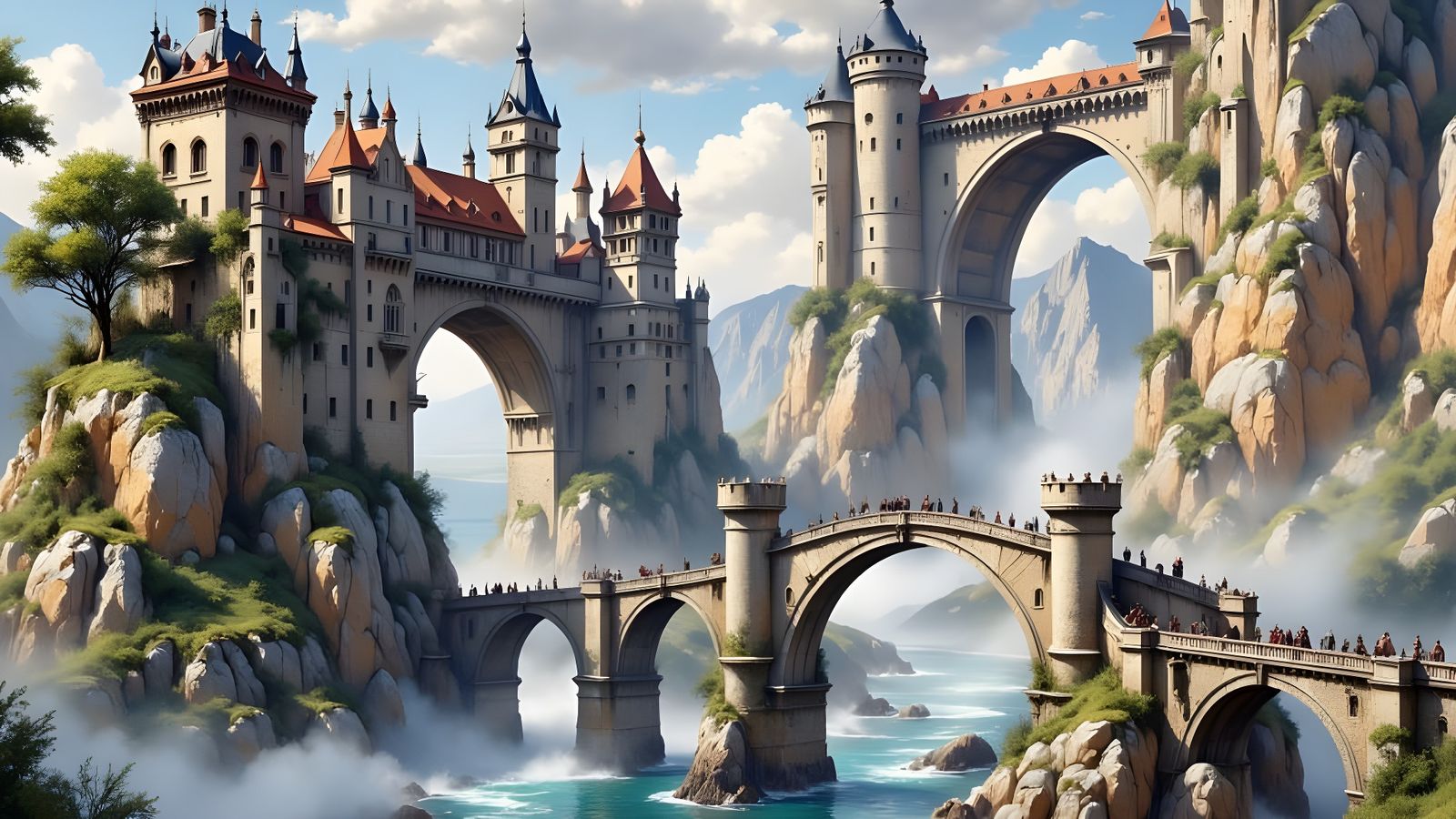 Floating Castle and Villages on Arch Bridge