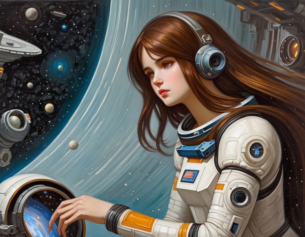 Android Woman in Space, Oil Painting Style