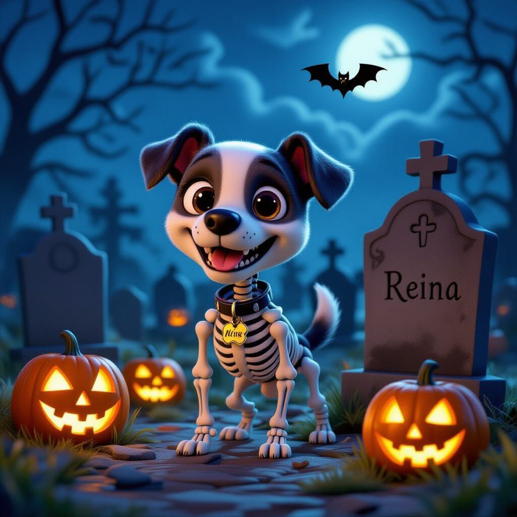 Pixar-Style: Happy Skeleton Dog in Spooky Cemetery
