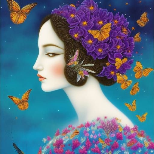 Monochrome Robin Portrait with Butterflies in Magic Realism