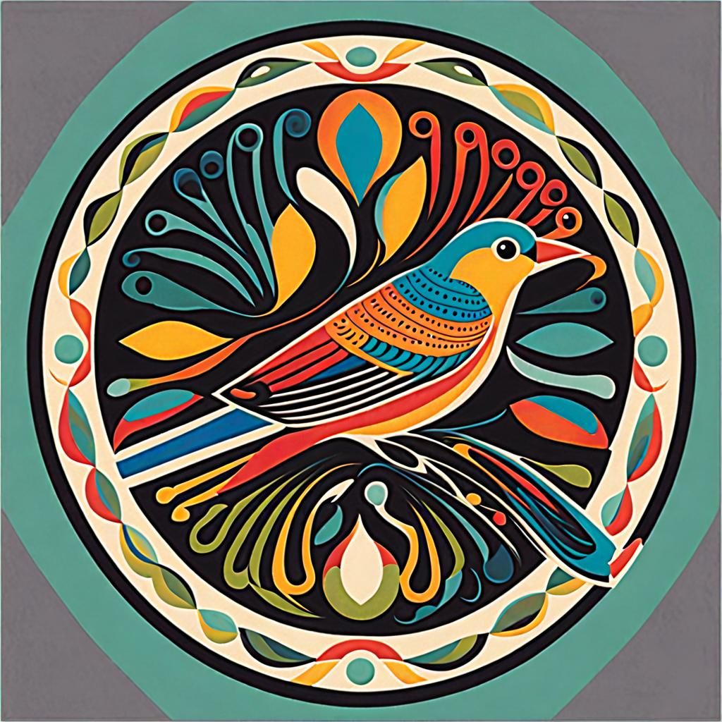 Colorful Bird in Circle: Ecological Art Screenprint