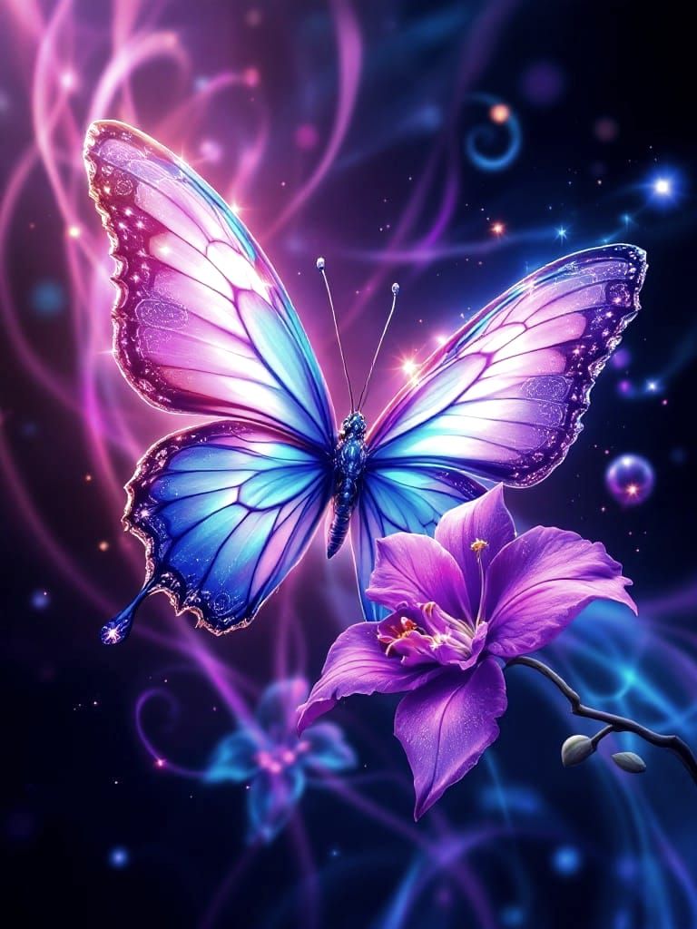 Vibrant Butterfly and Orchid in Neon Hues