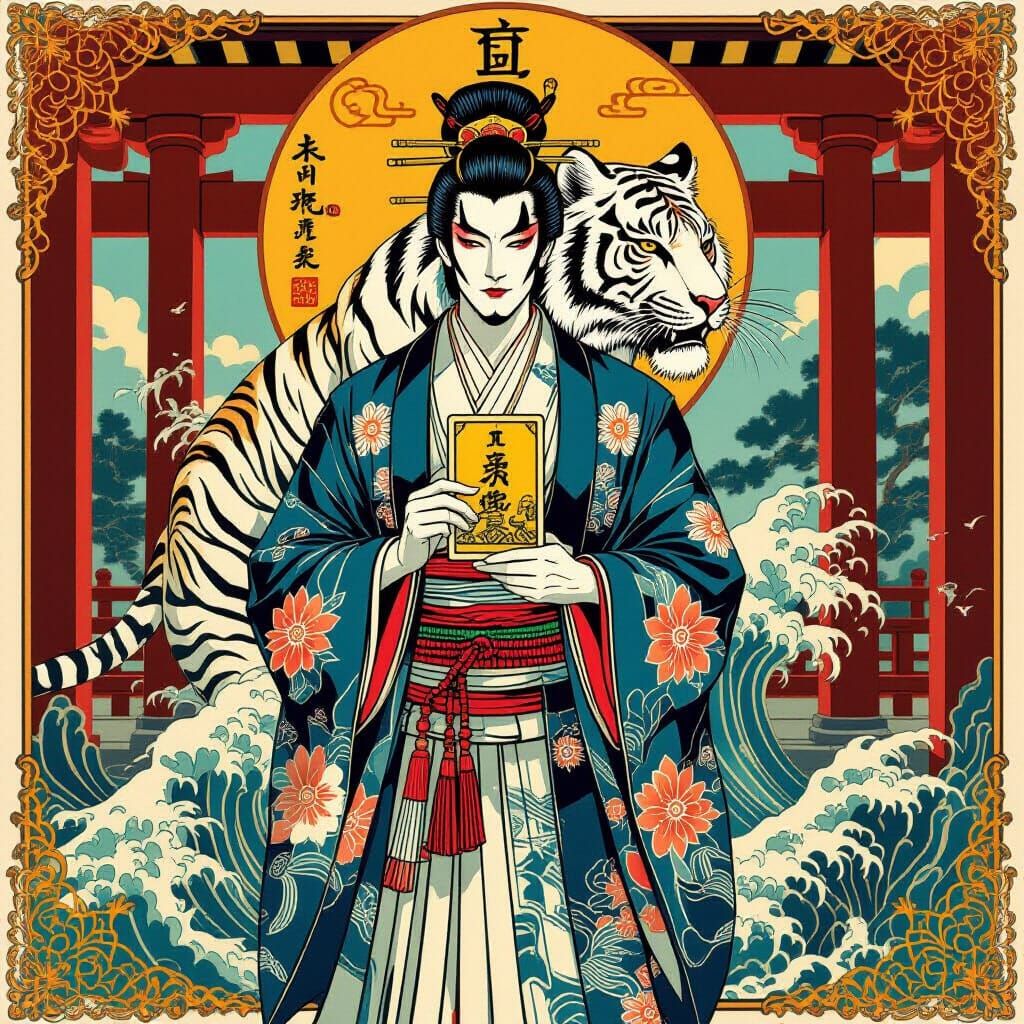 High Priest with Tarot Card and Tiger Tattoo Art