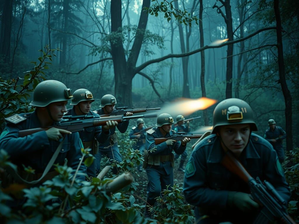 Gritty 1966 Battlefield Scene of Blue Uniformed Soldiers