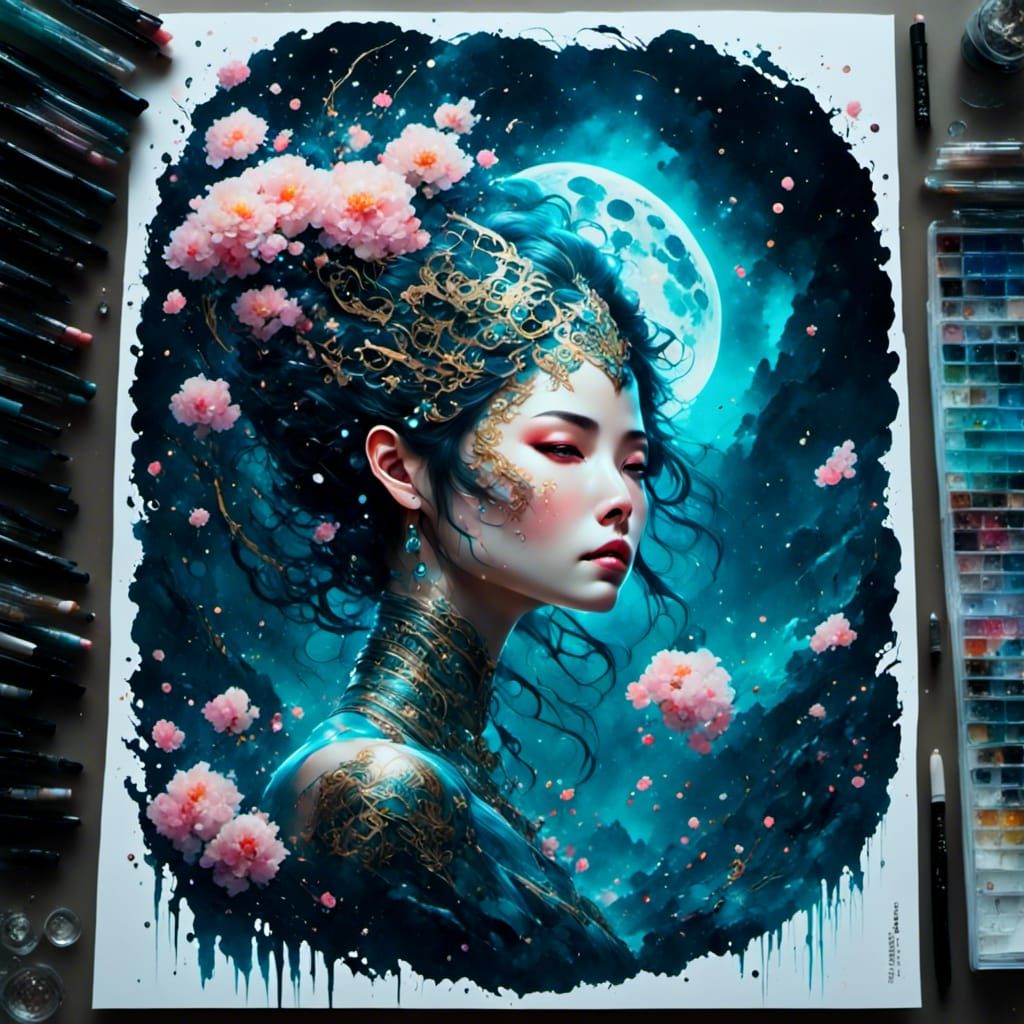 Dreamy Nightscape: Girl, Lake, and Cherry Blossoms