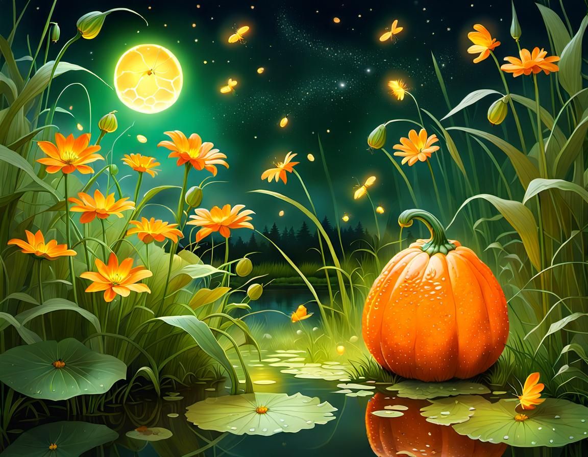 Photorealistic Gourd and Fireflies at Night