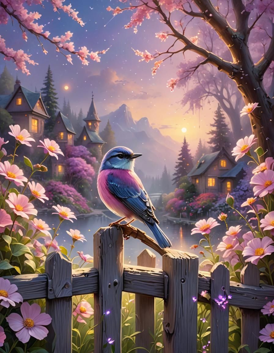 Fantasy Bird in Ethereal Floral Landscape