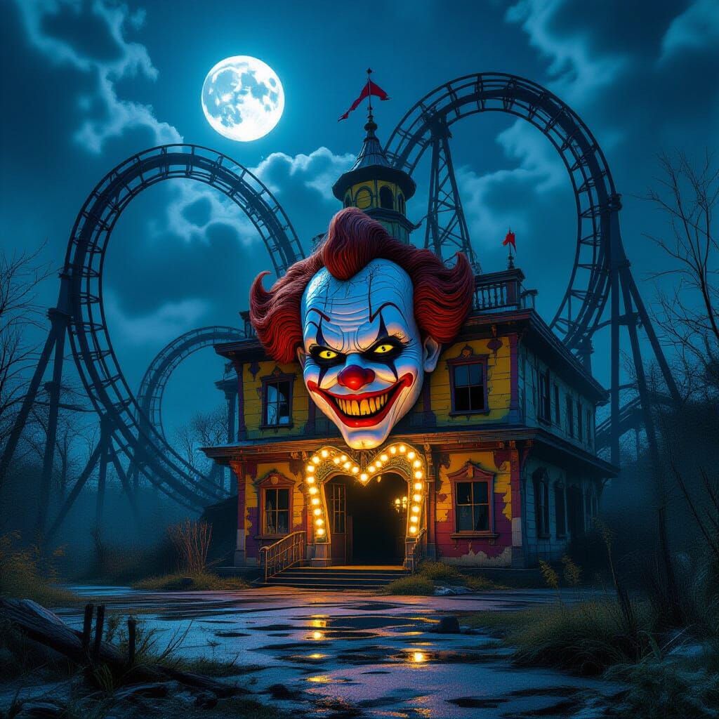 Sinister Clown Hideout in Nature Reclaimed Amusement Park