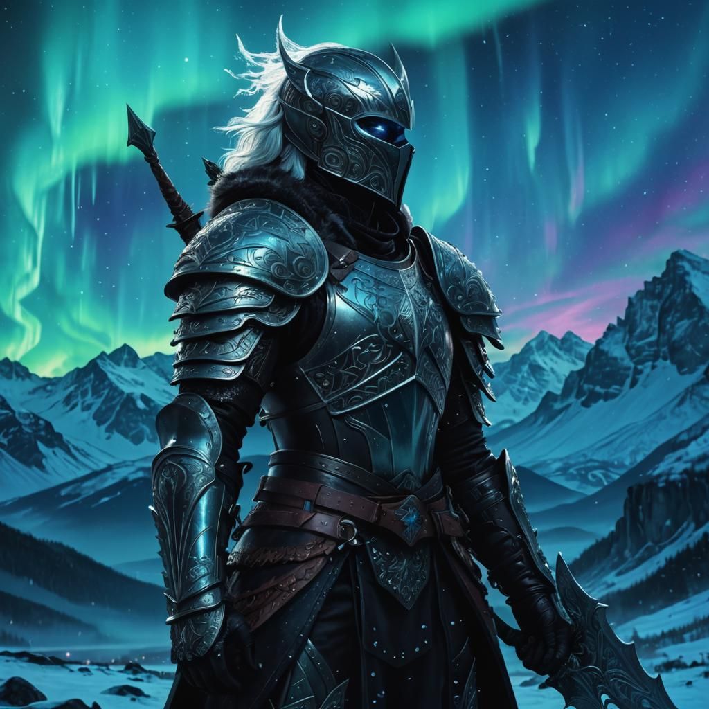 Drow Warrior in Winter Landscape with Aurora Borealis