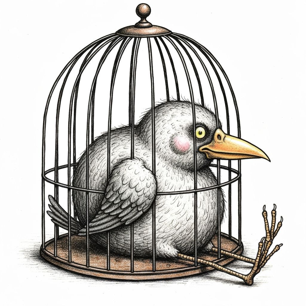 Obese Bird Crammed in Ornate Victorian Cage