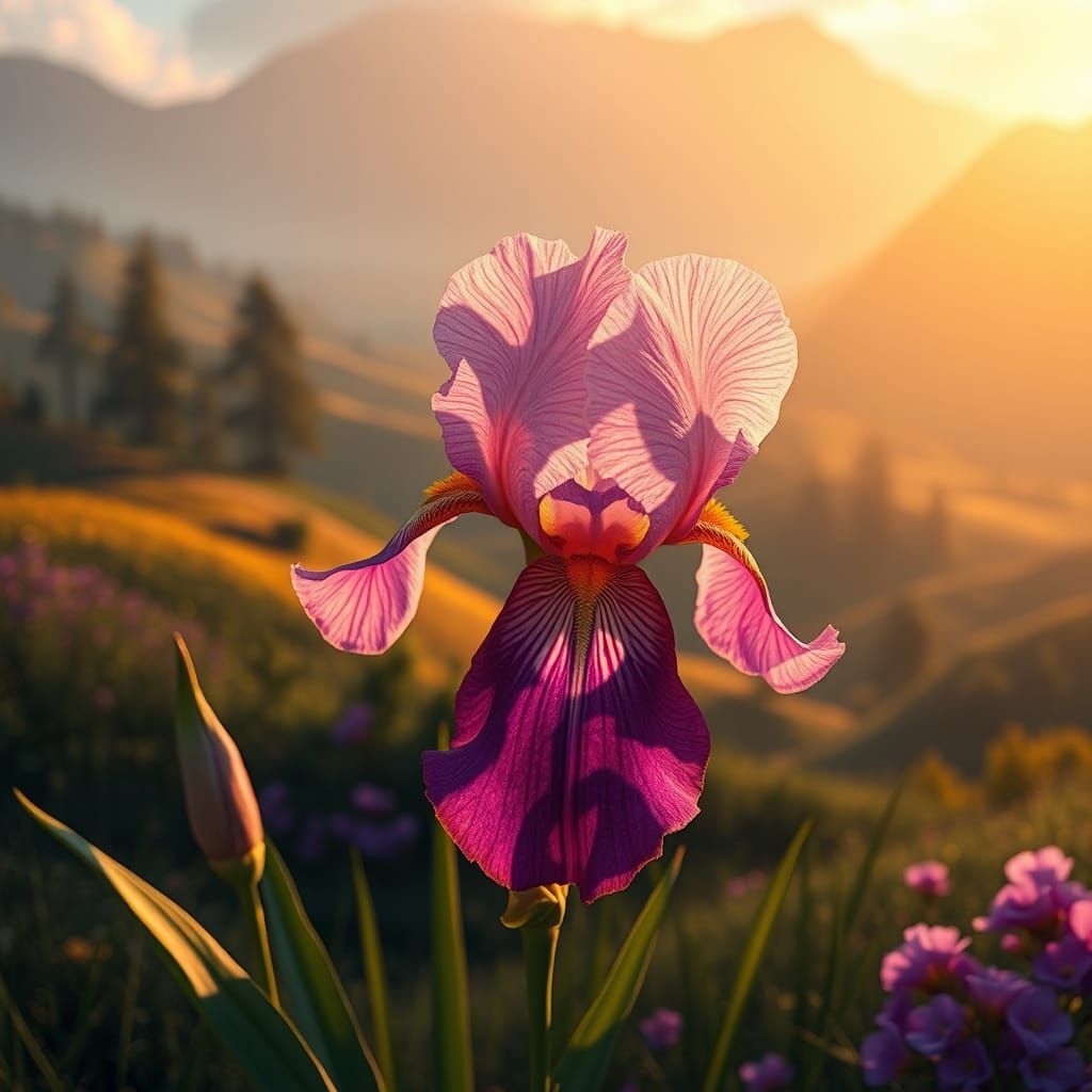 Enchanted Iris Flower in Dreamy Valley, Fantasy Art