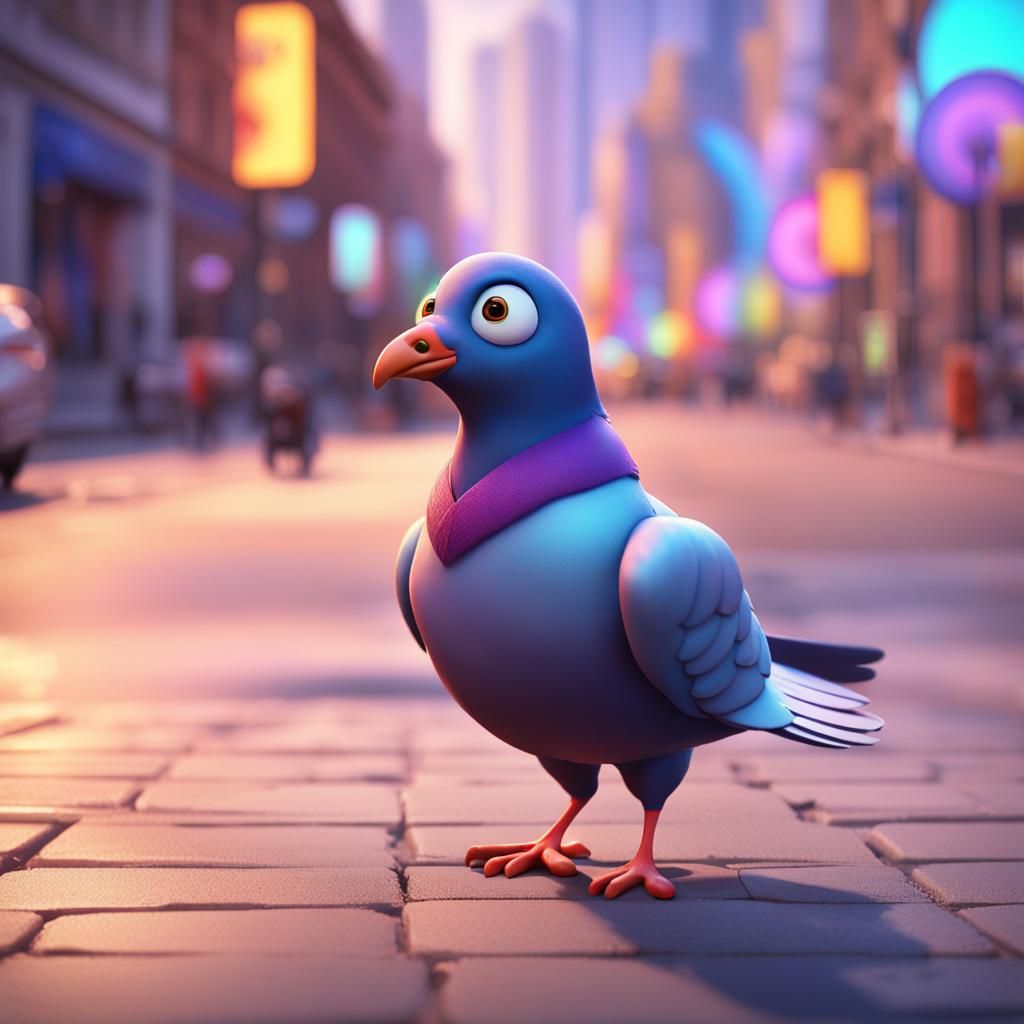 Pixar-Style Pigeon Trip on City Sidewalk