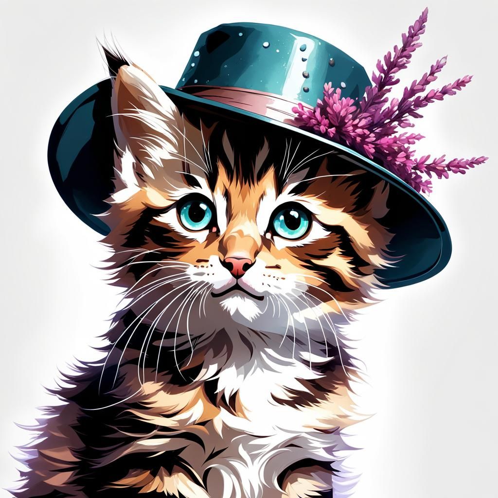 Kitten in Heather Hat: Hyperrealistic Studio Portrait