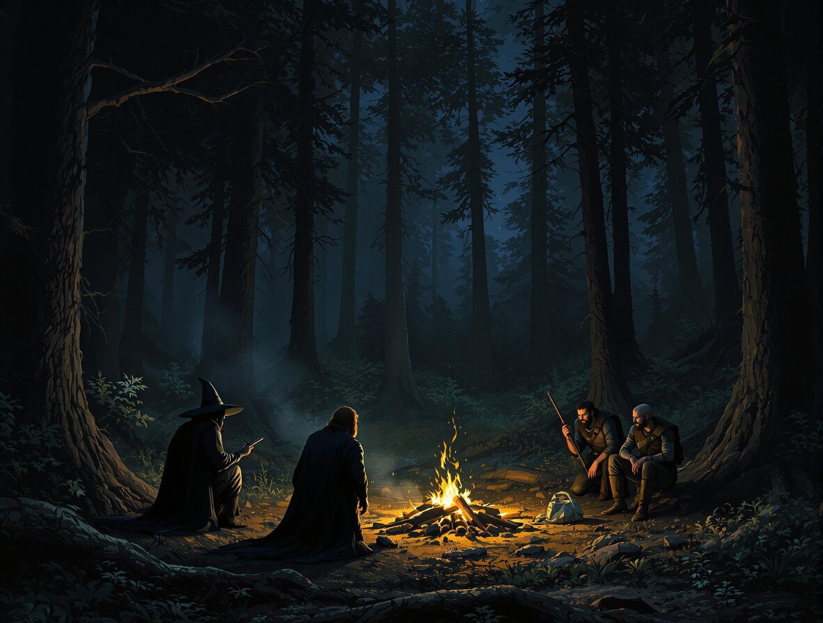 Adventurers in Dark Forest Campsite at Night