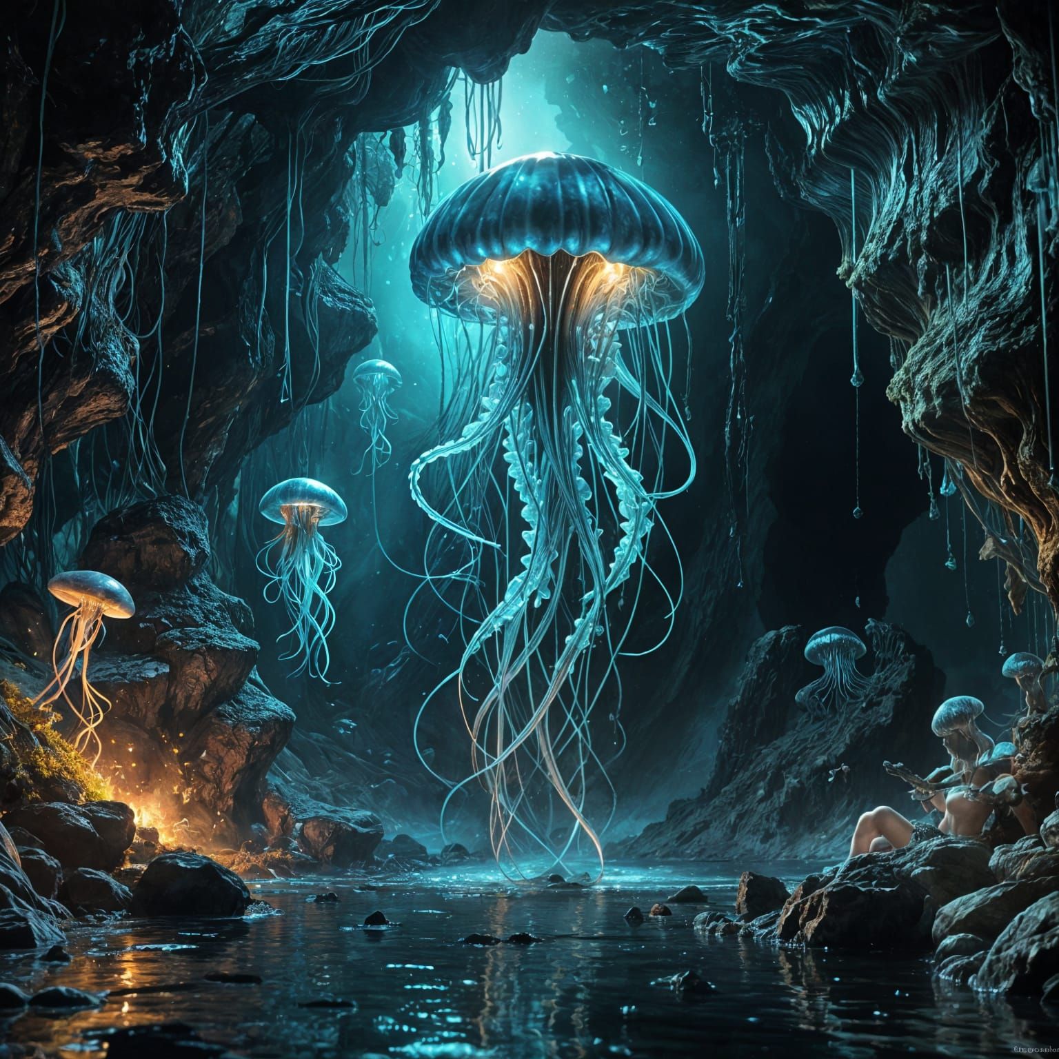 Bioluminescent Jellyfish in Deep-Sea Cave, Dark Fantasy