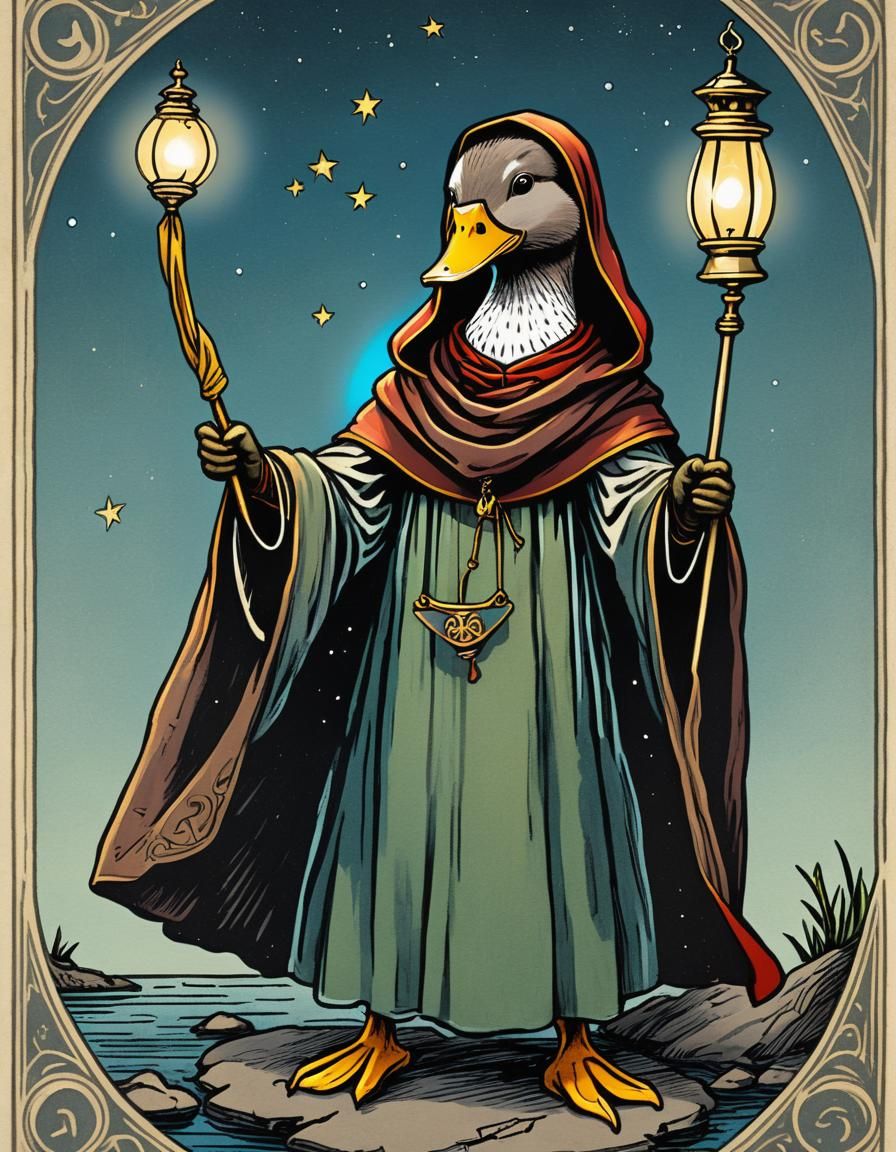 Duck Hermit Tarot Card with Lantern