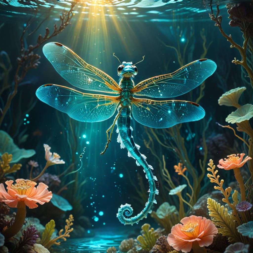 Iridescent Dragonfly Seahorse in Whimsical Coral Reef Scene
