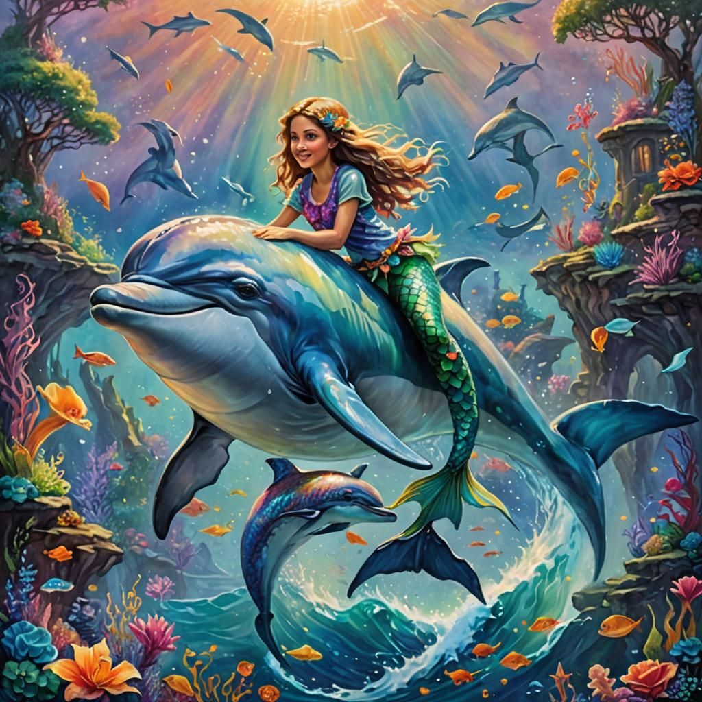 Mystical Mermaid Rides Dolphin in Gouache Style