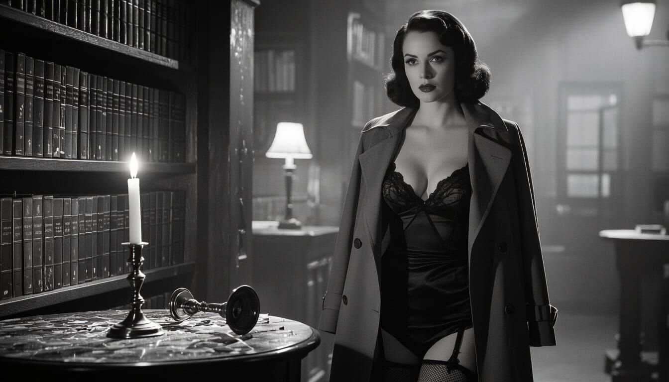 Film Noir Femme Fatale in Dim Library Alley