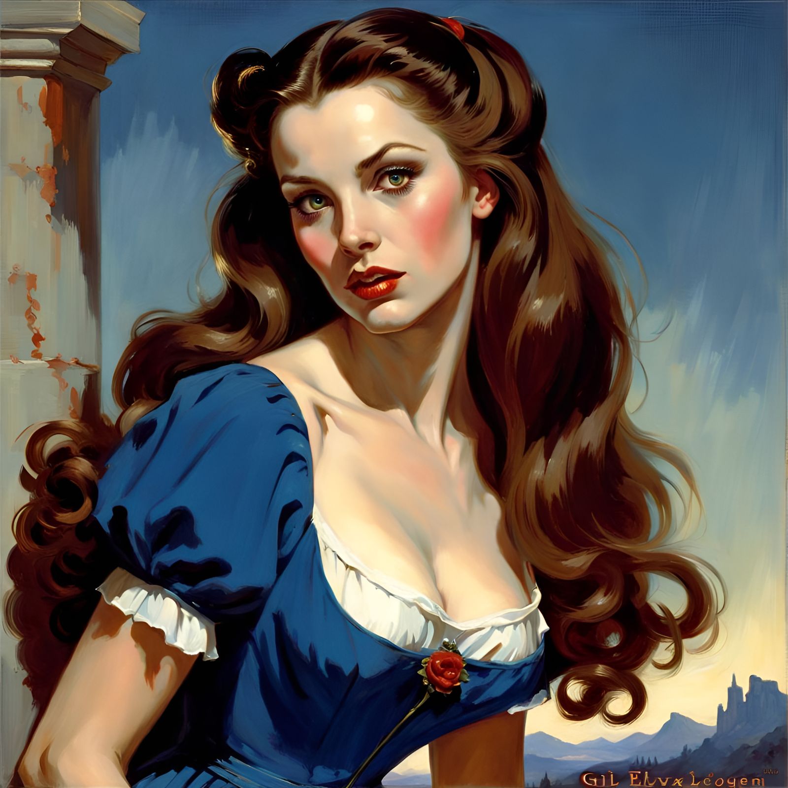 Captivating Vampire in Blue Dress, Pin-Up Art