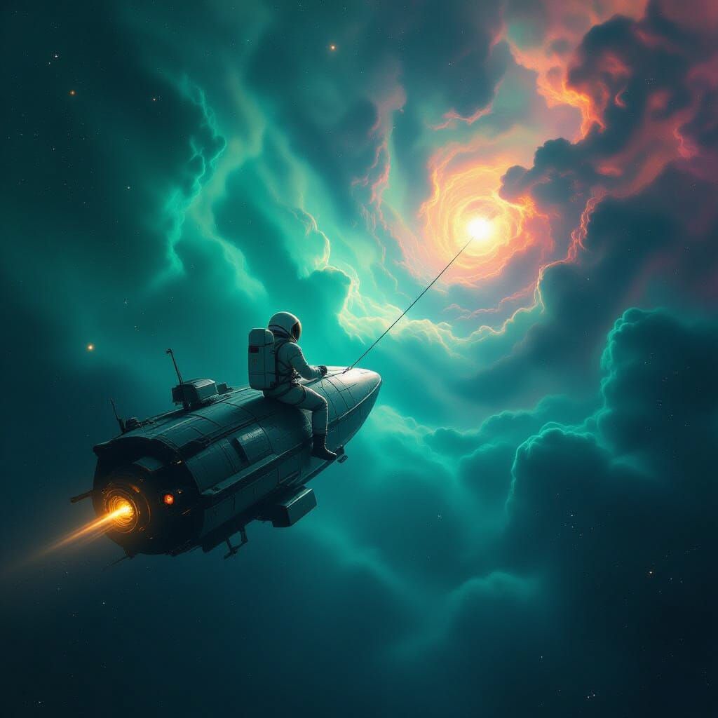 Astronaut Adrift Near Derelict Ship Amidst Cosmic Nebulae