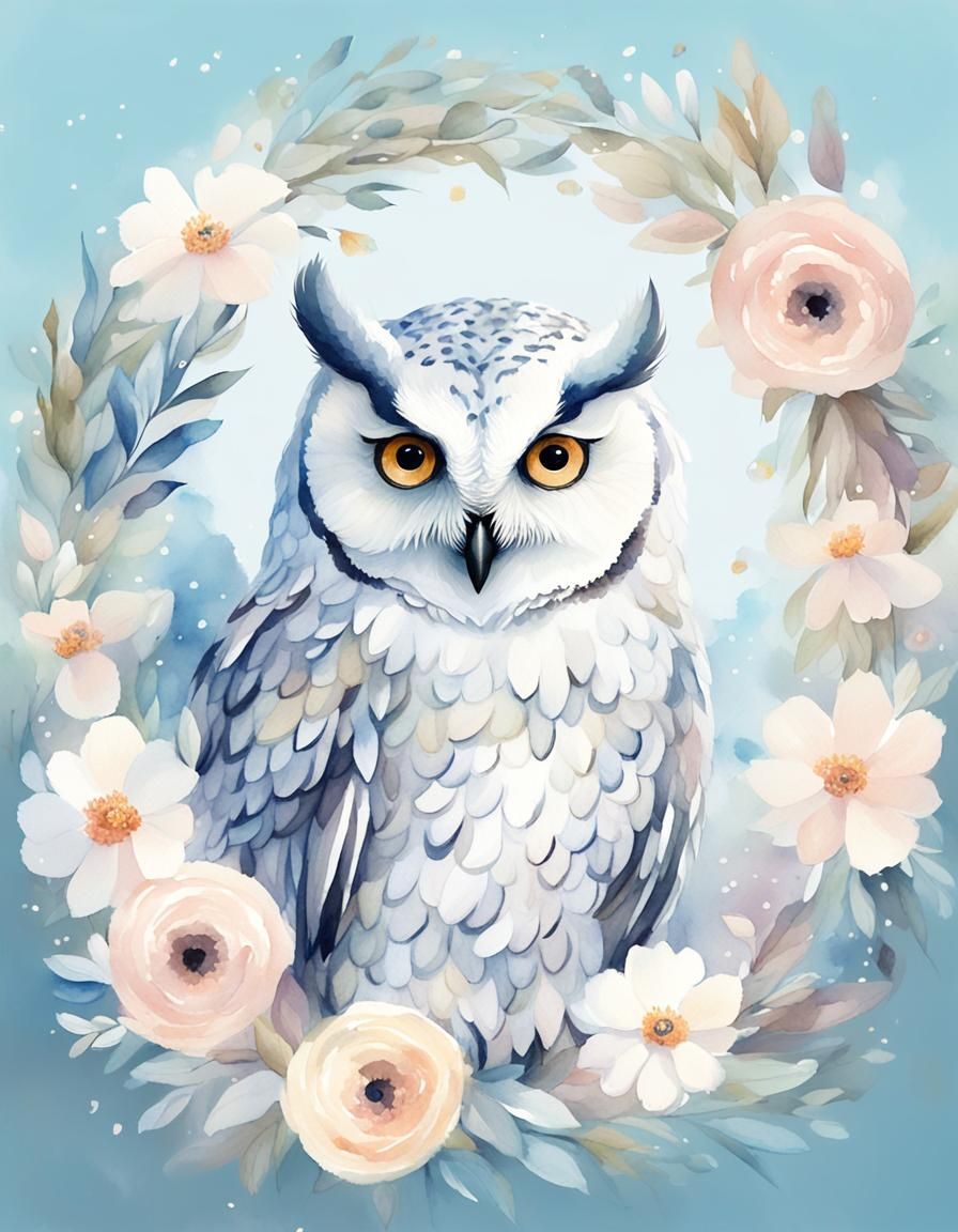 Soft Whimsical Watercolor Owl in a Pastel Flower Wreath