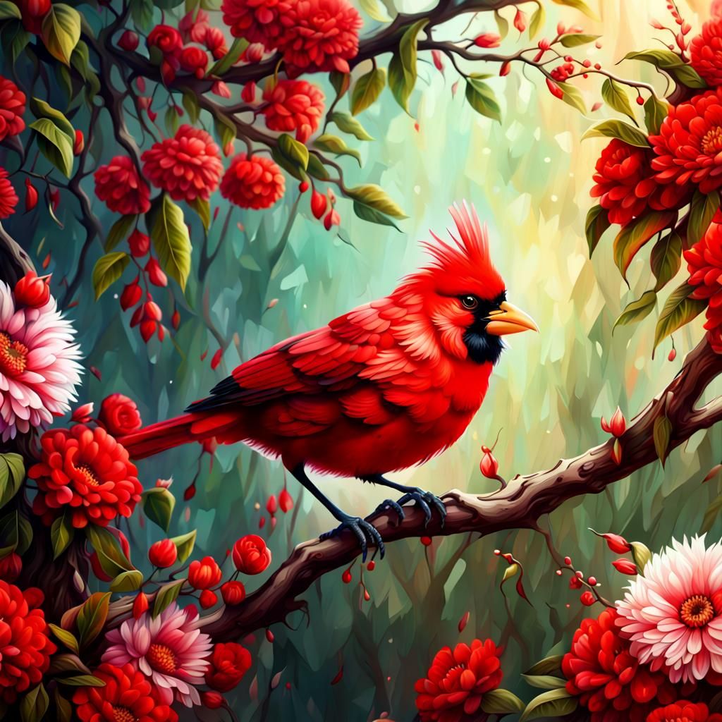 Red Cardinal on Branch in Detailed Digital Art